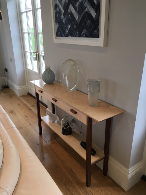 A narrow console table with three drawers - handmade solid wood furniture - tiger maple and walnut console table/side table